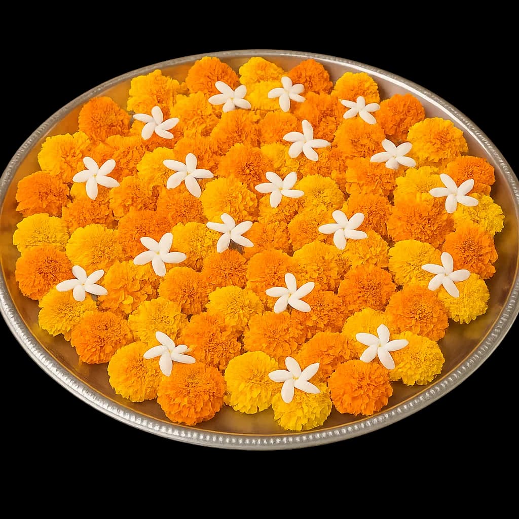 Marigold and jasmine flowers for puja
