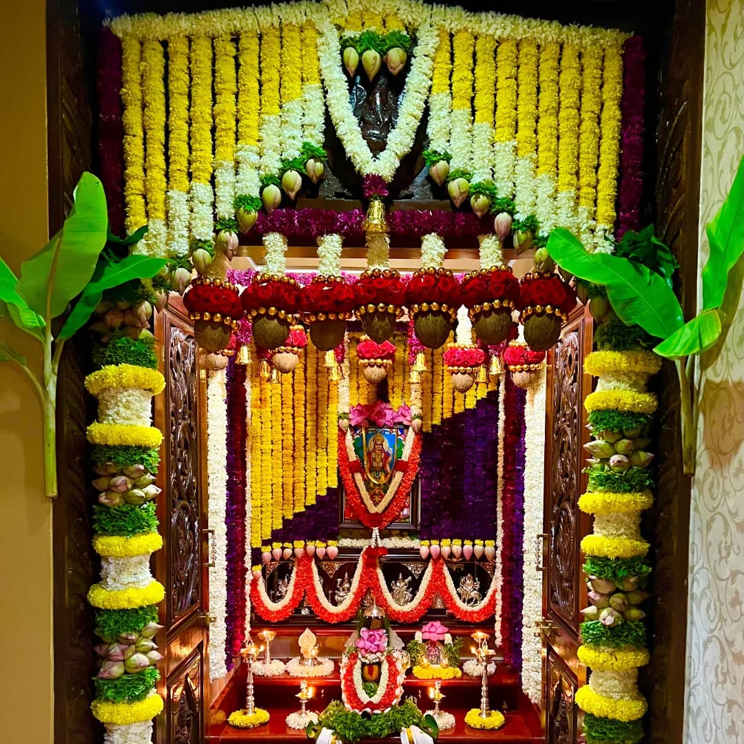 Temple door decorated with flowers