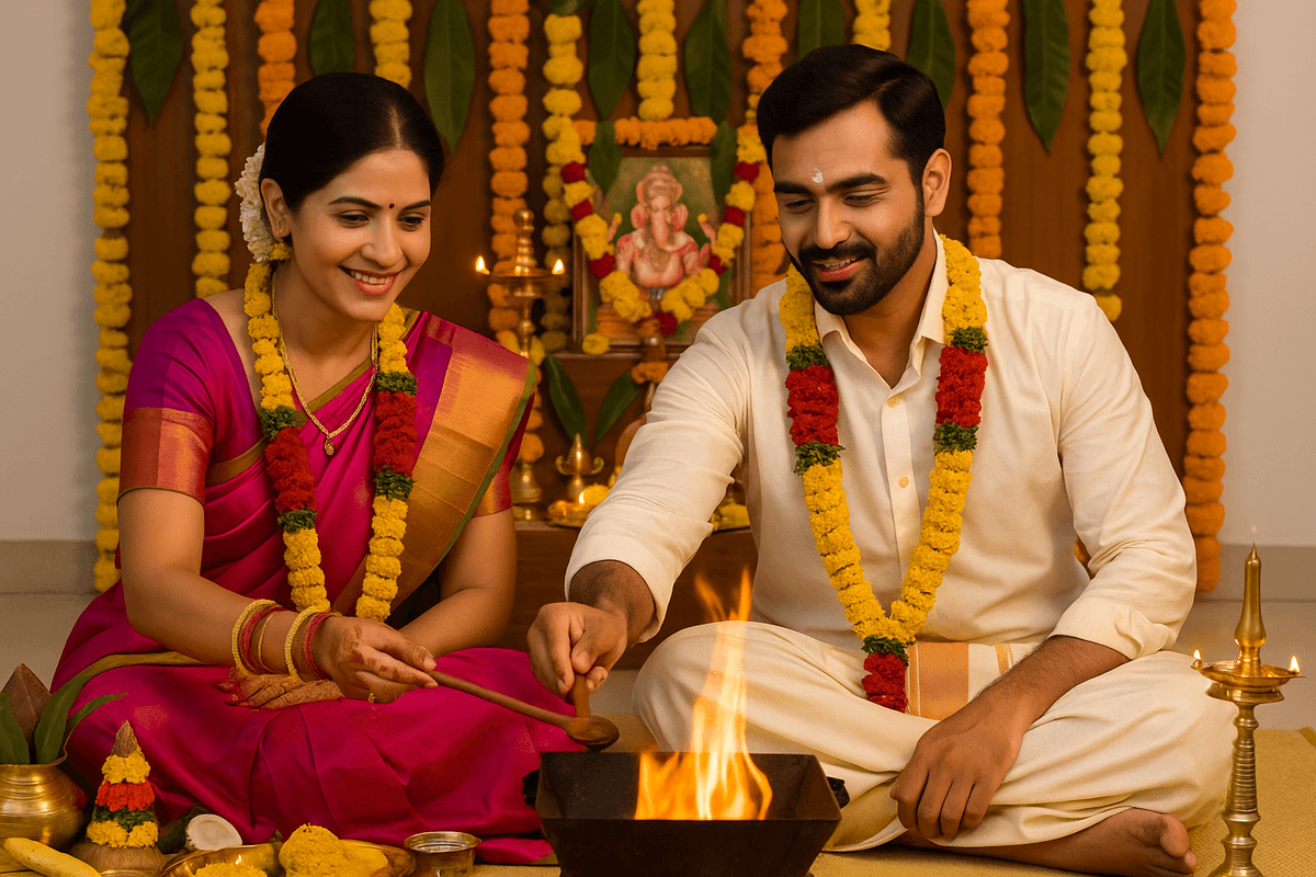 Couple performing traditional homa ritual
